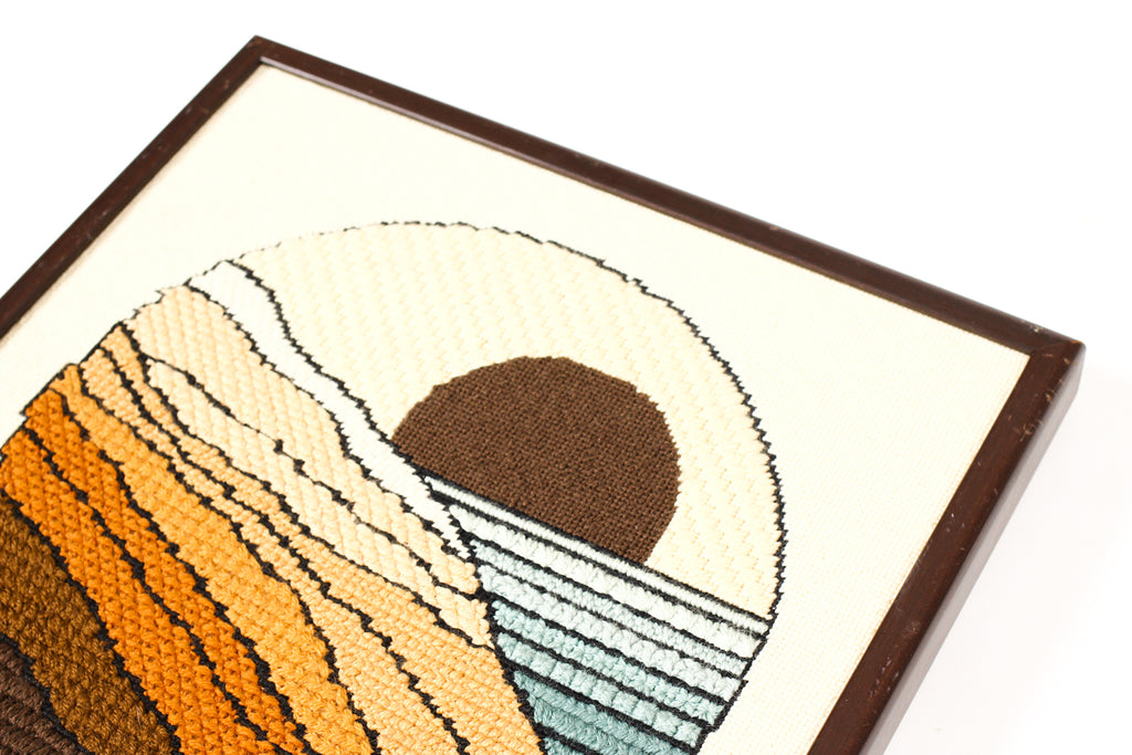 #2218 — Vintage Mid Century Abstract Landscape / Seascape 70’s era framed Cross Stitch