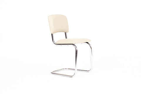 #2151 — Vintage Mid Century Tubular Chrome Bauhaus Style Cantilever Accent Chair— Tan Leather
