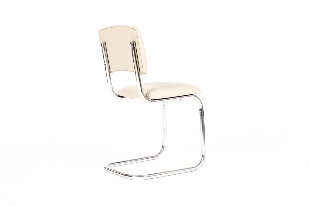 #2151 — Vintage Mid Century Tubular Chrome Bauhaus Style Cantilever Accent Chair— Tan Leather