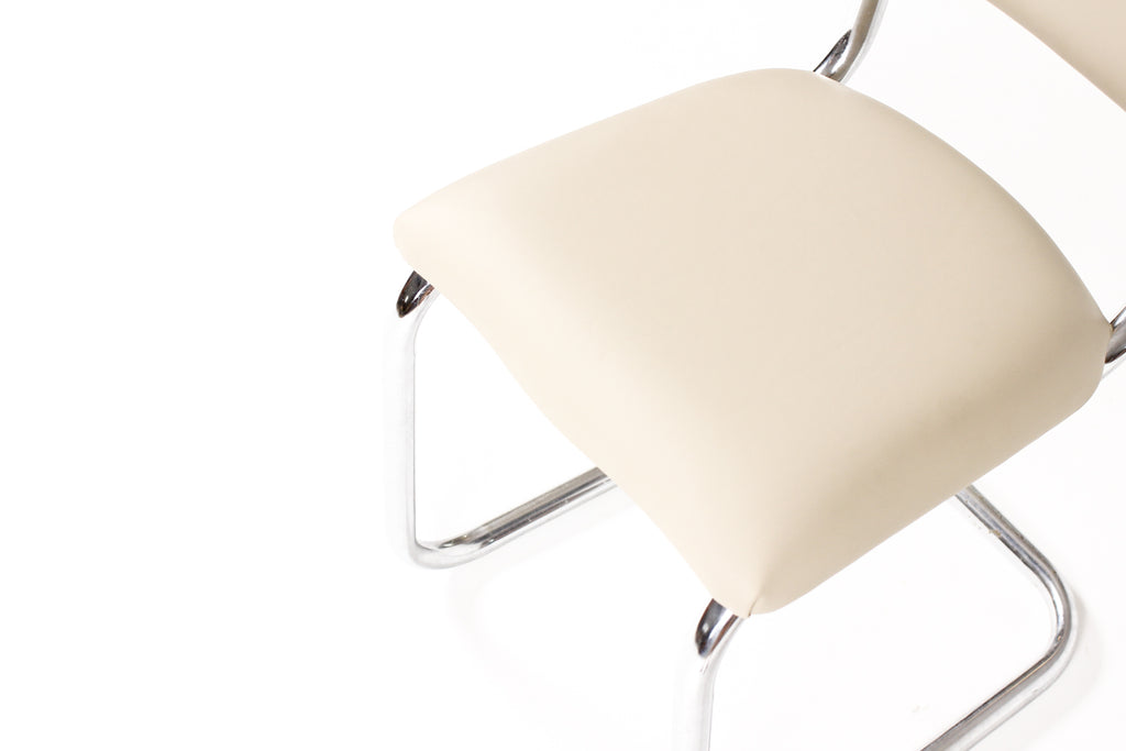 #2151 — Vintage Mid Century Tubular Chrome Bauhaus Style Cantilever Accent Chair— Tan Leather