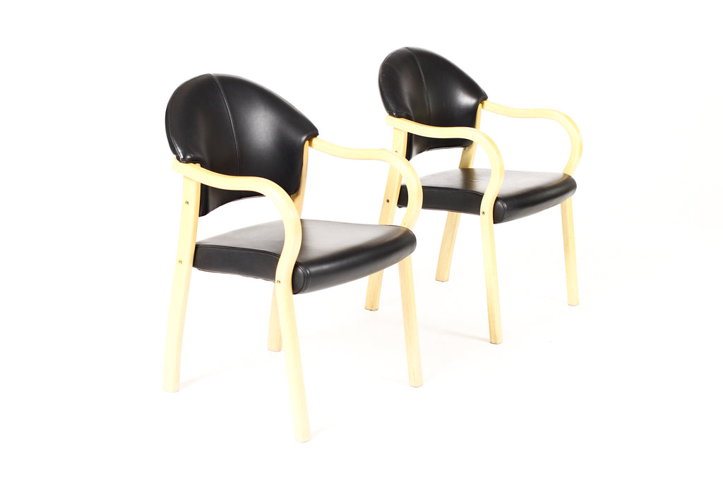 #2252 — Vintage Mid Century Scandinavian Post Modern Armchairs — Hjellegjerde Møbler — Black Leather + Ash — Pair