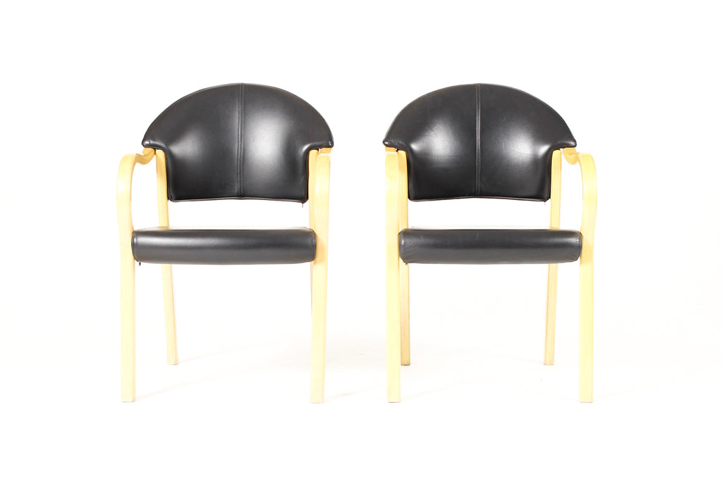 #2252 — Vintage Mid Century Scandinavian Post Modern Armchairs — Hjellegjerde Møbler — Black Leather + Ash — Pair