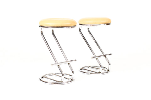 #2243  — Vintage Art Deco / Machine Age Cantilevered Z Barstools — Gilbert Rohde Style — Tan Leather — Pair