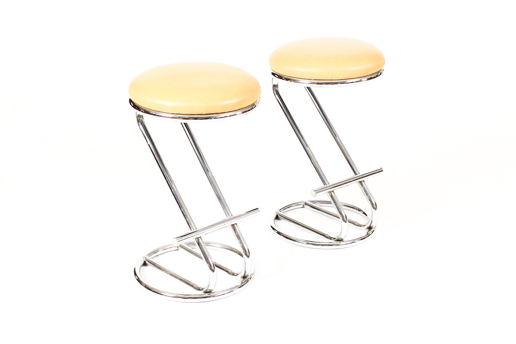 #2243  — Vintage Art Deco / Machine Age Cantilevered Z Barstools — Gilbert Rohde Style — Tan Leather — Pair