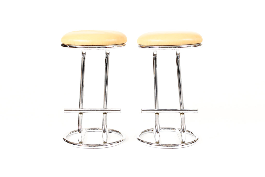 #2243  — Vintage Art Deco / Machine Age Cantilevered Z Barstools — Gilbert Rohde Style — Tan Leather — Pair