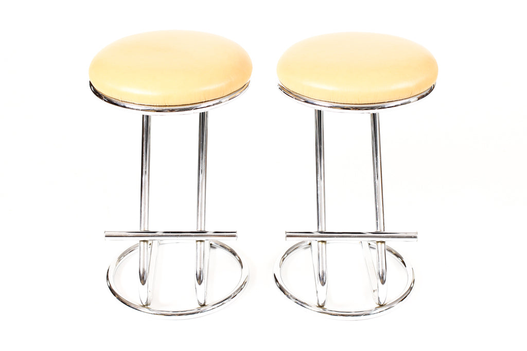 #2243  — Vintage Art Deco / Machine Age Cantilevered Z Barstools — Gilbert Rohde Style — Tan Leather — Pair