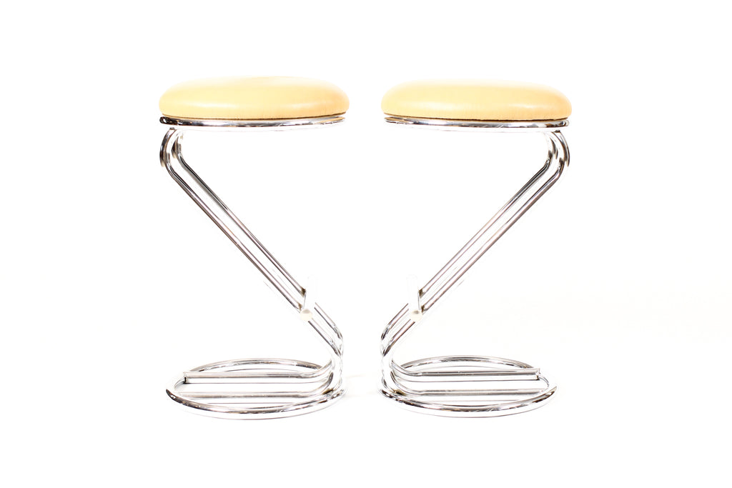 #2243  — Vintage Art Deco / Machine Age Cantilevered Z Barstools — Gilbert Rohde Style — Tan Leather — Pair