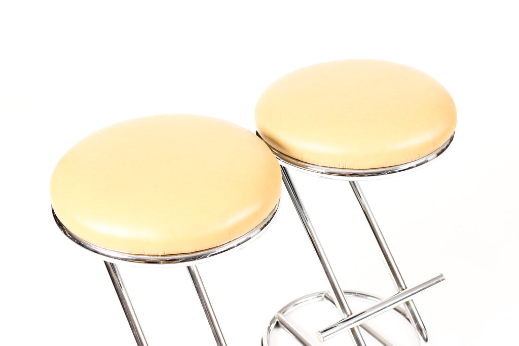 #2243  — Vintage Art Deco / Machine Age Cantilevered Z Barstools — Gilbert Rohde Style — Tan Leather — Pair