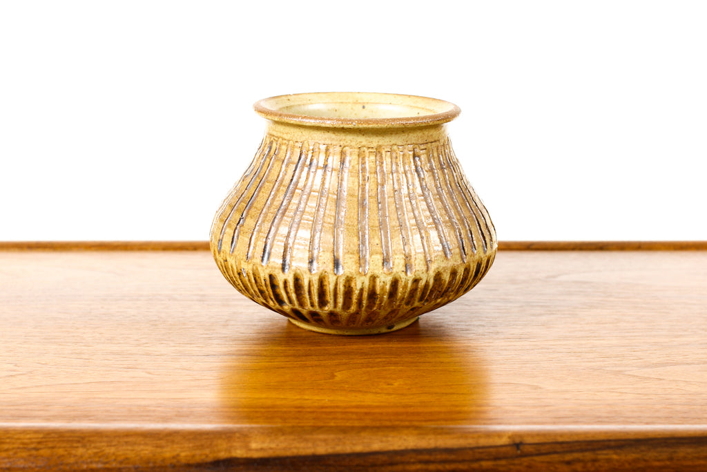 #2214 — Vintage Mid Century Stoneware Pot / Vessel— Mustard Glaze with surface texture