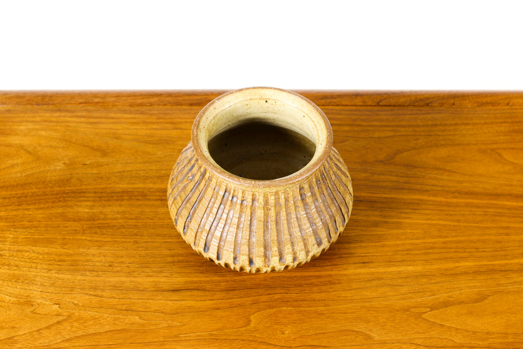 #2214 — Vintage Mid Century Stoneware Pot / Vessel— Mustard Glaze with surface texture