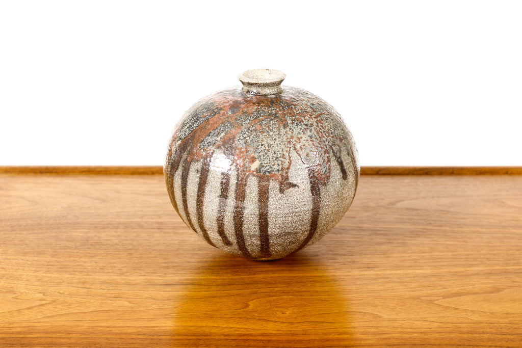 #2213 — Vintage Mid Century Stoneware Weed Pot / Vase— Gray glaze with Rusty accent