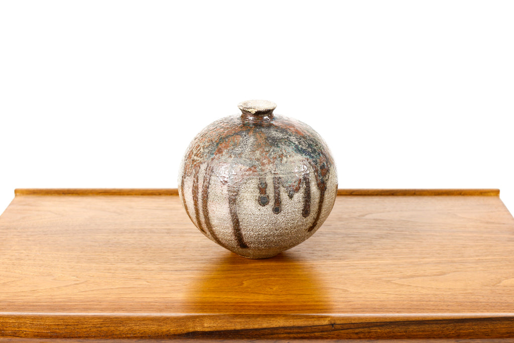 #2213 — Vintage Mid Century Stoneware Weed Pot / Vase— Gray glaze with Rusty accent