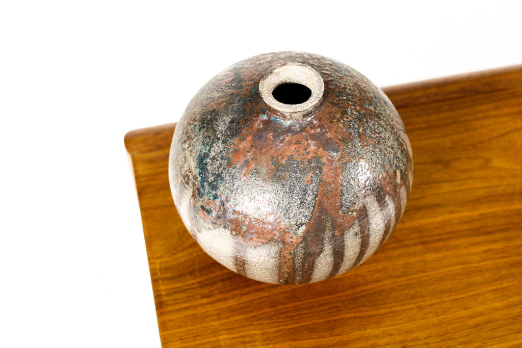 #2213 — Vintage Mid Century Stoneware Weed Pot / Vase— Gray glaze with Rusty accent