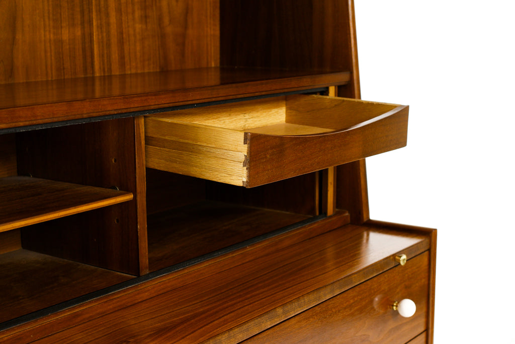 #2240 —Vintage Mid Century Walnut Secretary Desk / Bookcase — Kipp Stewart for Drexel
