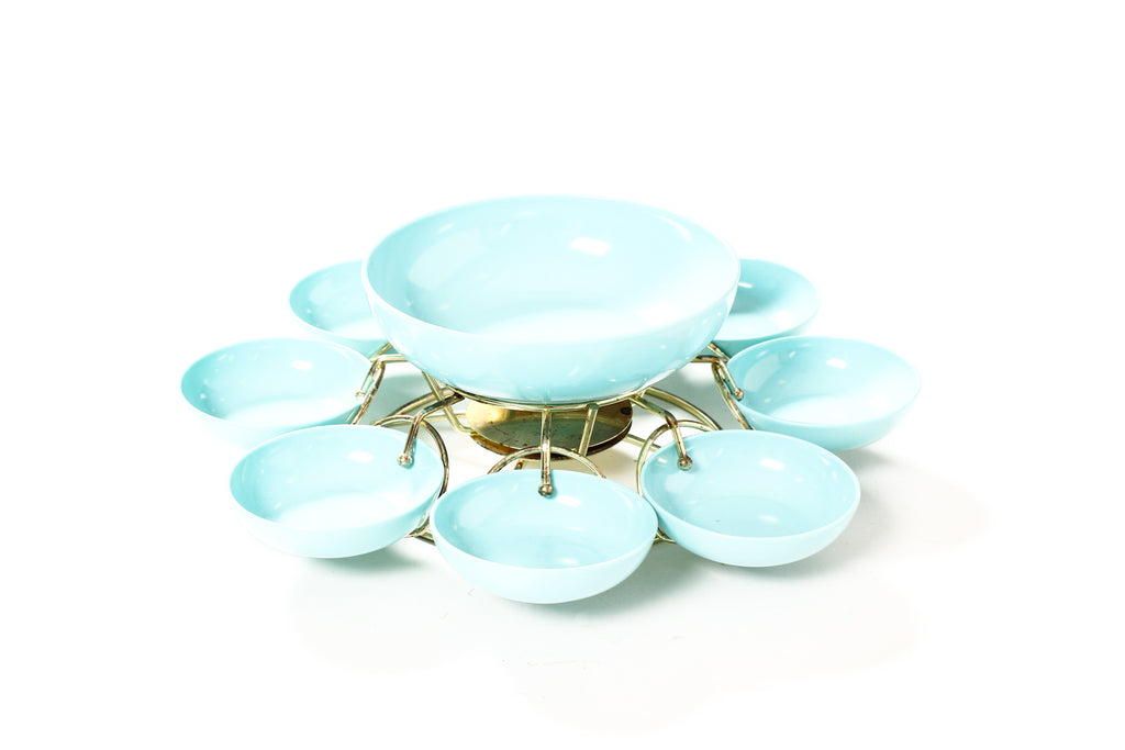 #2210 — Vintage Mid Century Turquoise Melamine Serving Dish Set — Rotating Brass Frame