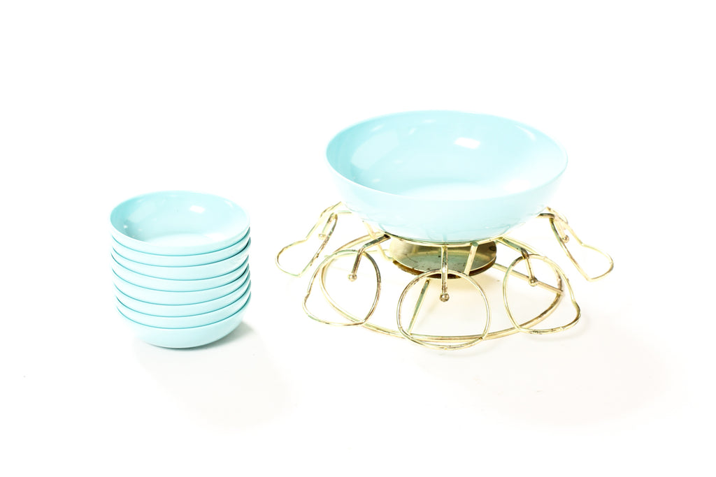 #2210 — Vintage Mid Century Turquoise Melamine Serving Dish Set — Rotating Brass Frame