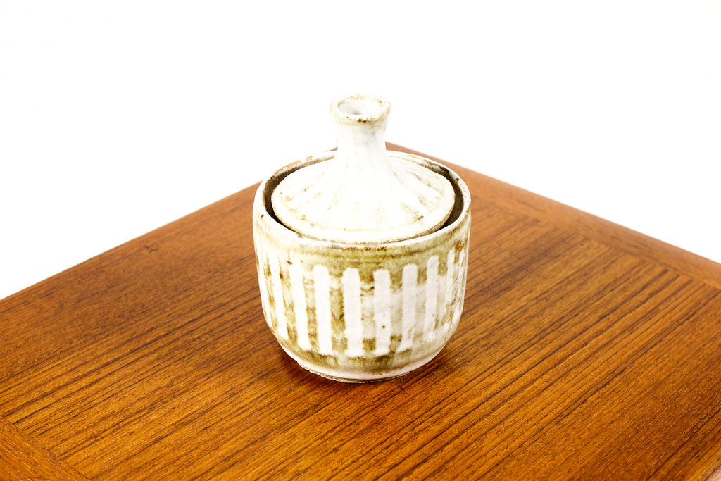 #2212 — Vintage Mid Century Stoneware Pottery — Lidded Jar / Stash pot — Matte White Glaze with Stripes