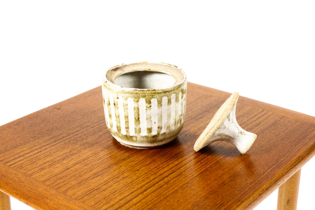 #2212 — Vintage Mid Century Stoneware Pottery — Lidded Jar / Stash pot — Matte White Glaze with Stripes