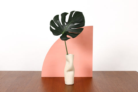 #1781 — Organic Modern / Primitive  Sculptural Extruded Ceramic Stem Vase — Two Pinch — White Stoneware