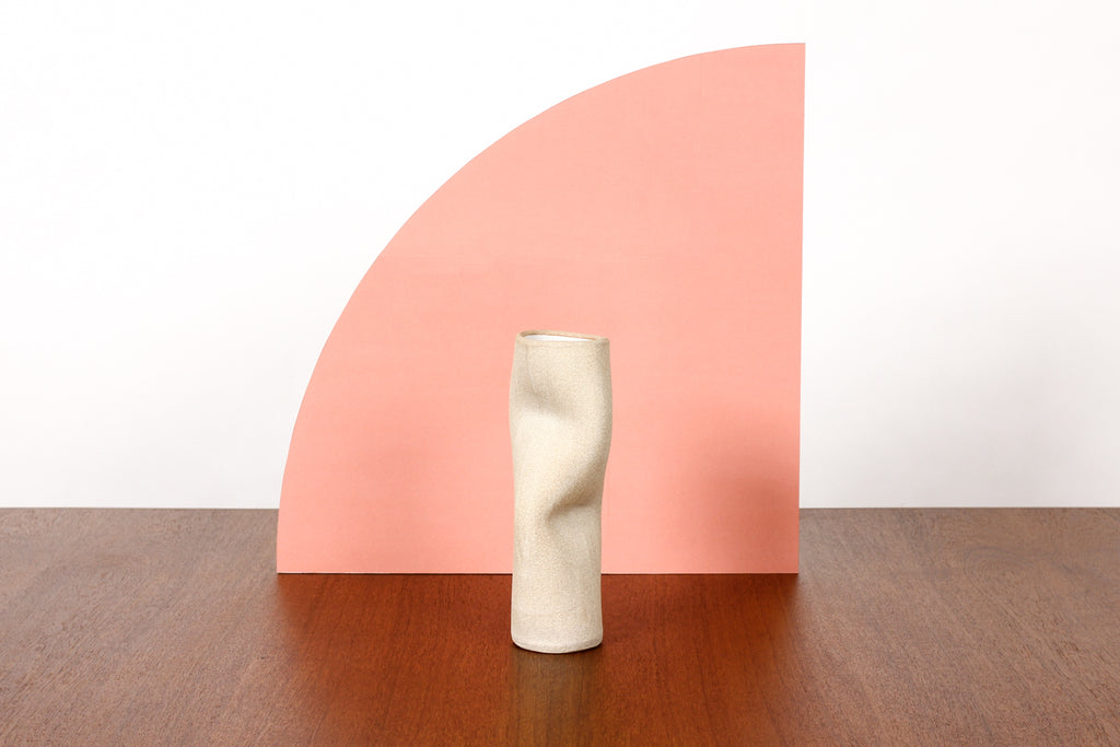 #1781 — Organic Modern / Primitive  Sculptural Extruded Ceramic Stem Vase — Two Pinch — White Stoneware