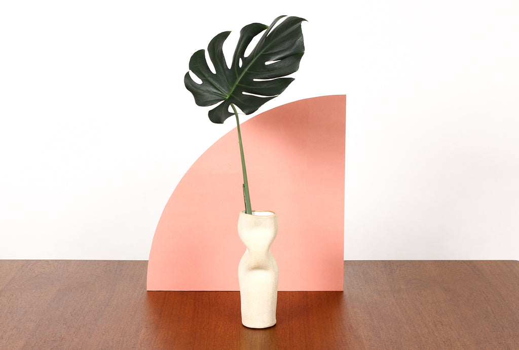 #1779 — Organic Modern / Primitive  Sculptural Extruded Ceramic Stem Vase — Three Pinch — White Stoneware