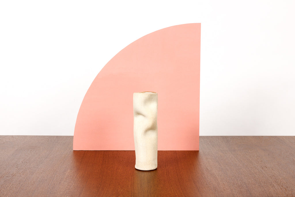#1779 — Organic Modern / Primitive  Sculptural Extruded Ceramic Stem Vase — Three Pinch — White Stoneware