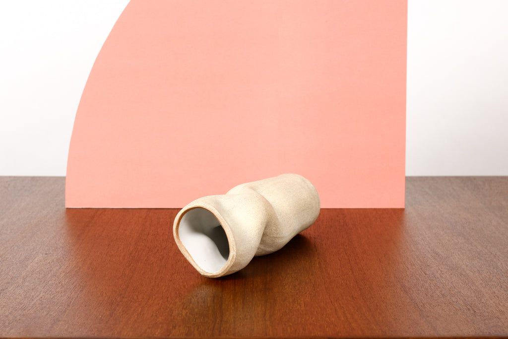 #1779 — Organic Modern / Primitive  Sculptural Extruded Ceramic Stem Vase — Three Pinch — White Stoneware