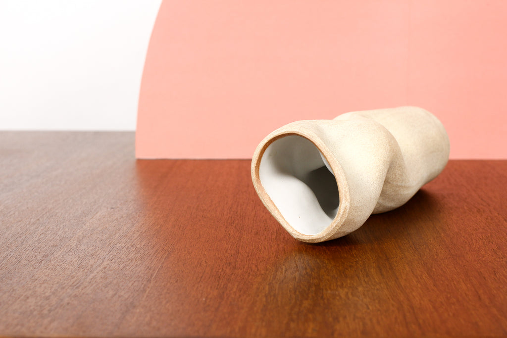 #1779 — Organic Modern / Primitive  Sculptural Extruded Ceramic Stem Vase — Three Pinch — White Stoneware