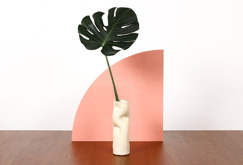 #1779 — Organic Modern / Primitive  Sculptural Extruded Ceramic Stem Vase — Three Pinch — White Stoneware