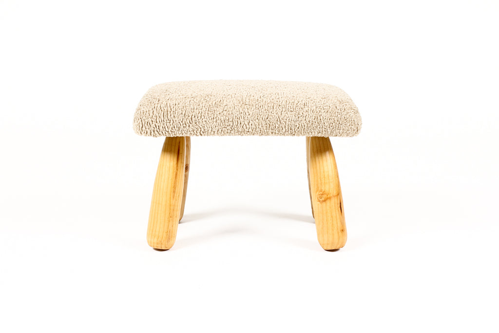 #2076 — Custom Awassi Rectangular Ottoman / Footstool — Turned Fir legs — Camel Tan Bouclé