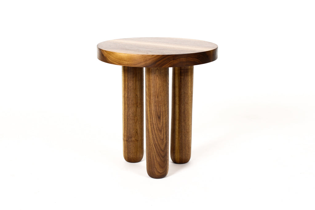 #1981 — Custom Solid Walnut Round Tripod Morel Side Table  — 18” Diameter — Tall