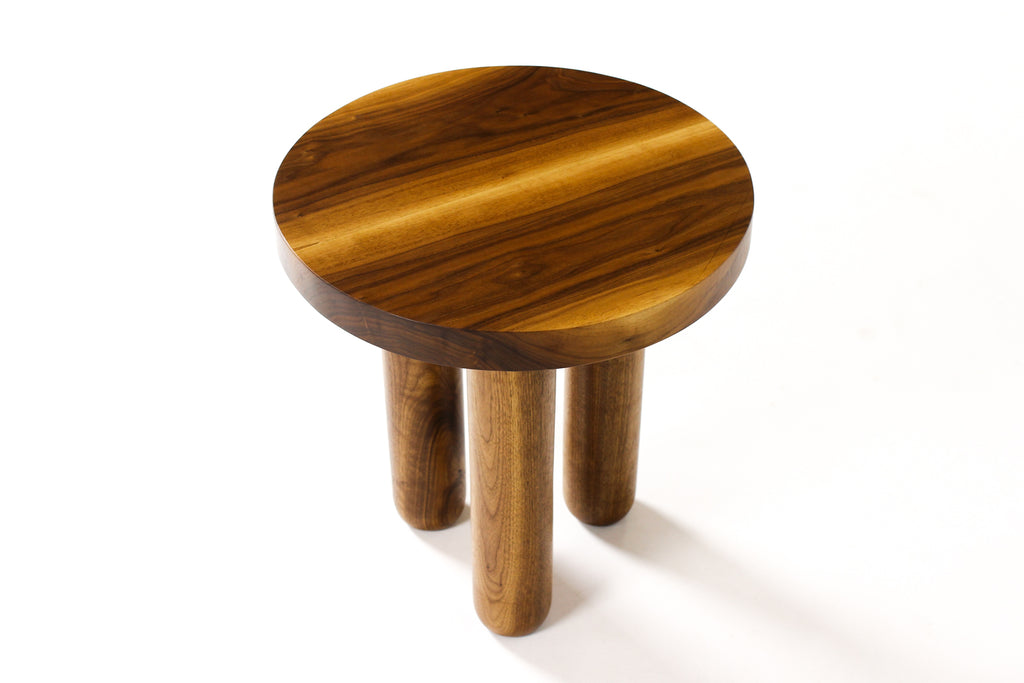 #1981 — Custom Solid Walnut Round Tripod Morel Side Table  — 18” Diameter — Tall