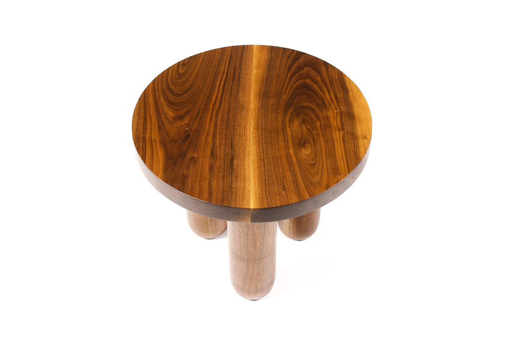 #1982 — Custom Solid Walnut Round Tripod Morel Side Table  — 20” Diameter — Short