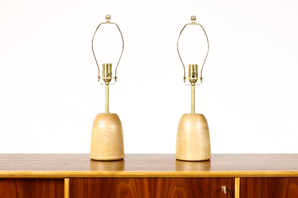#1941 - Studio Craft Birch Conical Table Lamps — Lathe Turned with Brass Detailing — Pair — TL-10