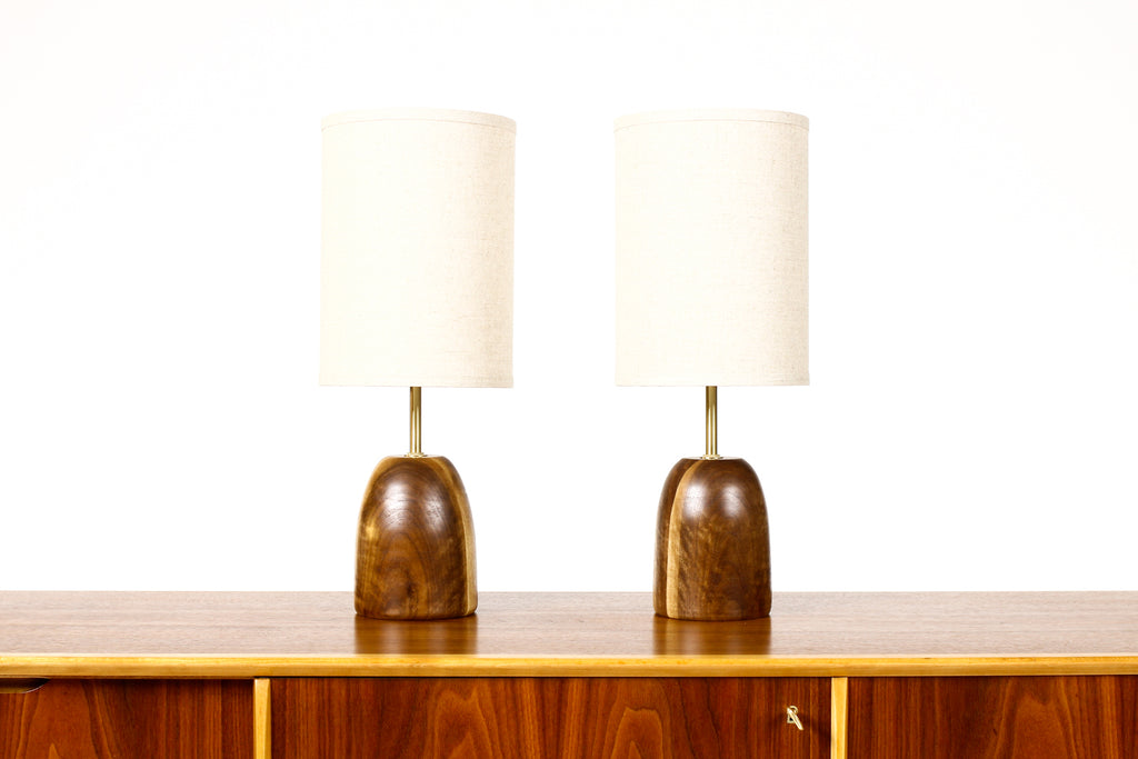 #1942 - Studio Craft Walnut Conical Table Lamps — Lathe Turned with Brass Detailing — Pair — TL-11