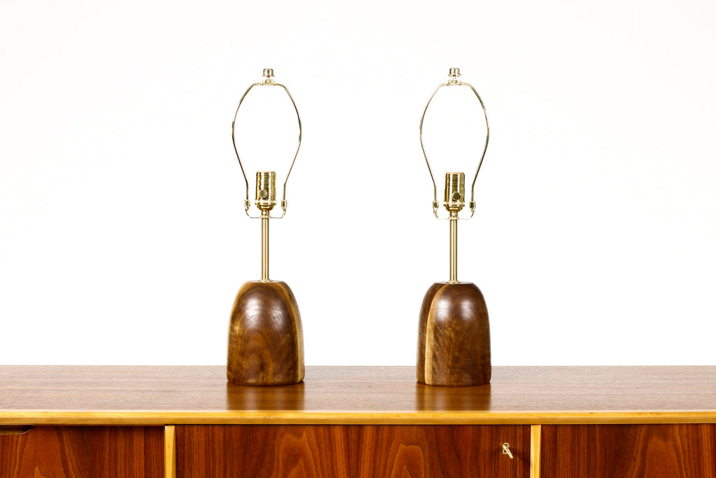 #1942 - Studio Craft Walnut Conical Table Lamps — Lathe Turned with Brass Detailing — Pair — TL-11