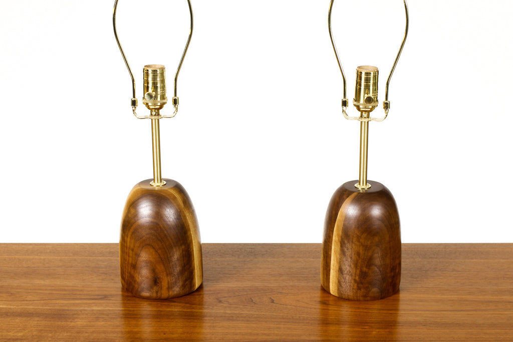 #1942 - Studio Craft Walnut Conical Table Lamps — Lathe Turned with Brass Detailing — Pair — TL-11