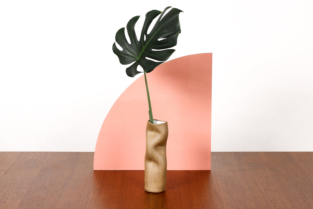 #1778 — Organic Modern / Primitive  Sculptural Extruded Ceramic Stem Vase — Three Pinch — Red Stoneware