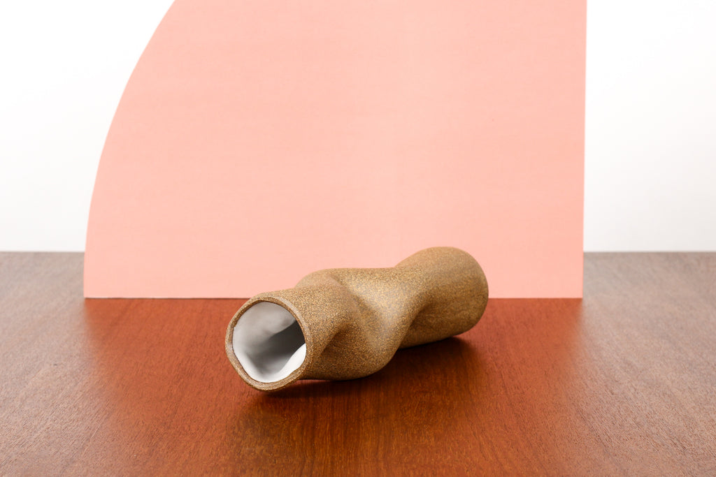 #1778 — Organic Modern / Primitive  Sculptural Extruded Ceramic Stem Vase — Three Pinch — Red Stoneware