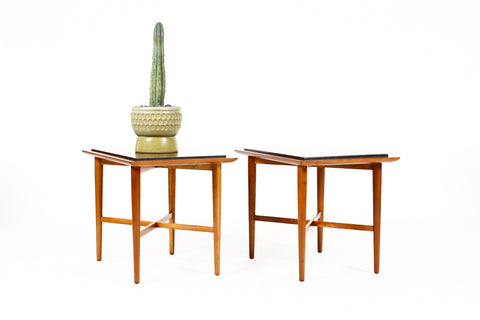 #2063 — Mid Century Vintage Side / End Tables — Fine Art Furniture Co — Cherry Frame + Slate — Pair