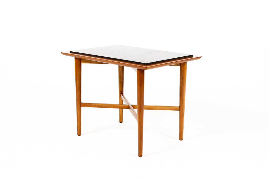#2063 — Mid Century Vintage Side / End Tables — Fine Art Furniture Co — Cherry Frame + Slate — Pair