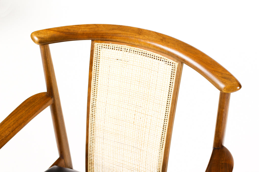 #2091 — Danish Modern / Mid Century Walnut Dallas Arm Chairs — Folke Ohlsson for Dux — Black Leather + Cane — Pair