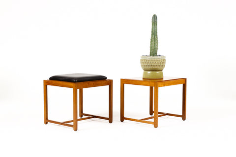 #2080 — Danish Modern Mid Century Teak Flip Top Ottoman / Side Tables — Erik Buch — Black Leather — Pair