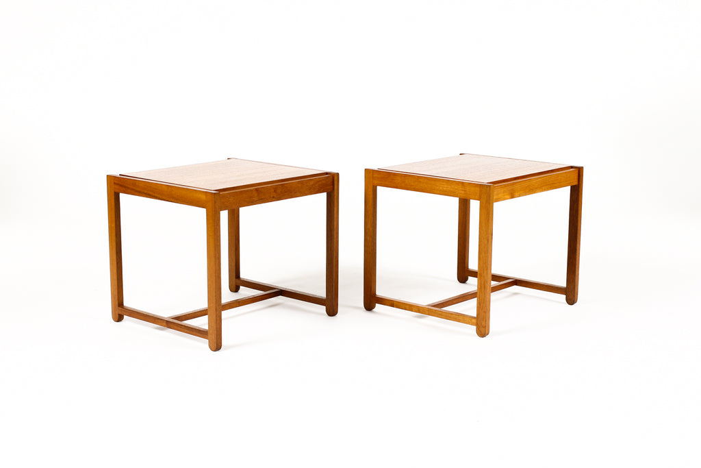 #2080 — Danish Modern Mid Century Teak Flip Top Ottoman / Side Tables — Erik Buch — Black Leather — Pair