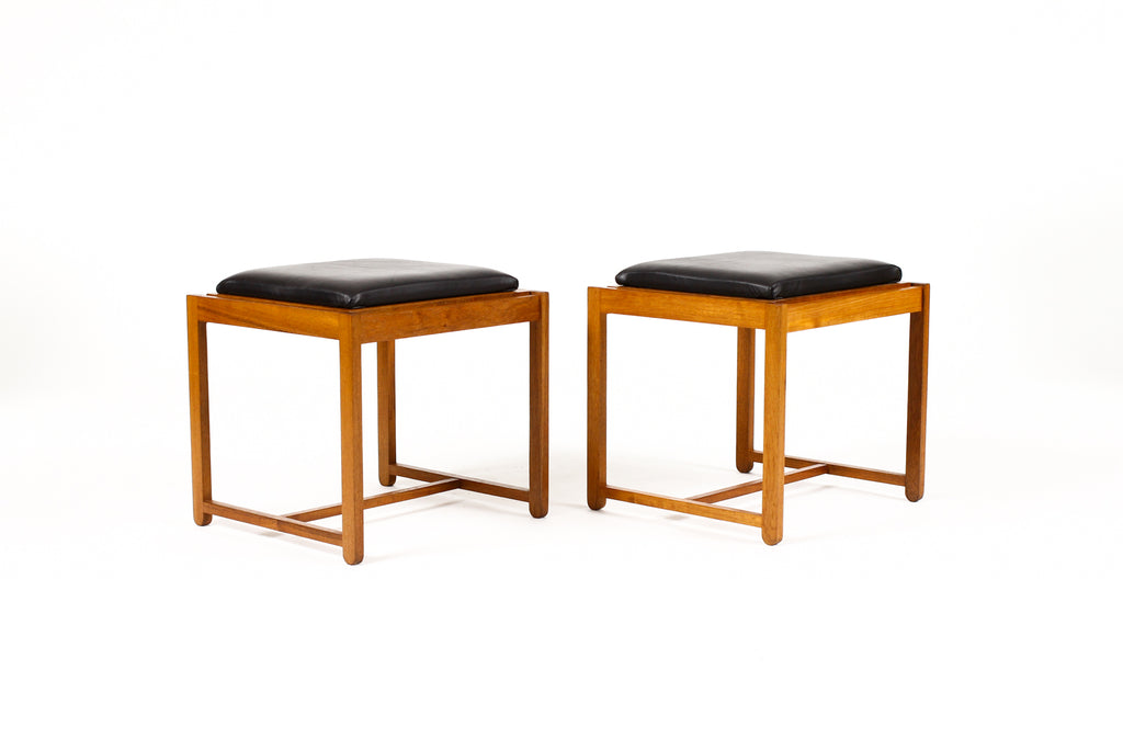 #2080 — Danish Modern Mid Century Teak Flip Top Ottoman / Side Tables — Erik Buch — Black Leather — Pair