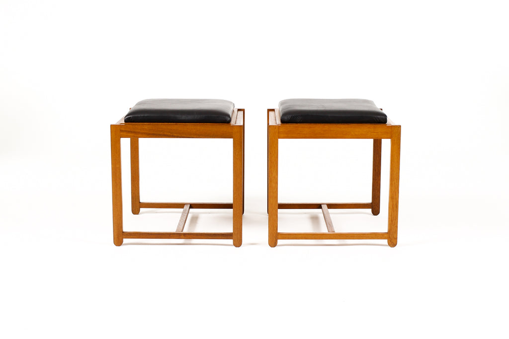 #2080 — Danish Modern Mid Century Teak Flip Top Ottoman / Side Tables — Erik Buch — Black Leather — Pair