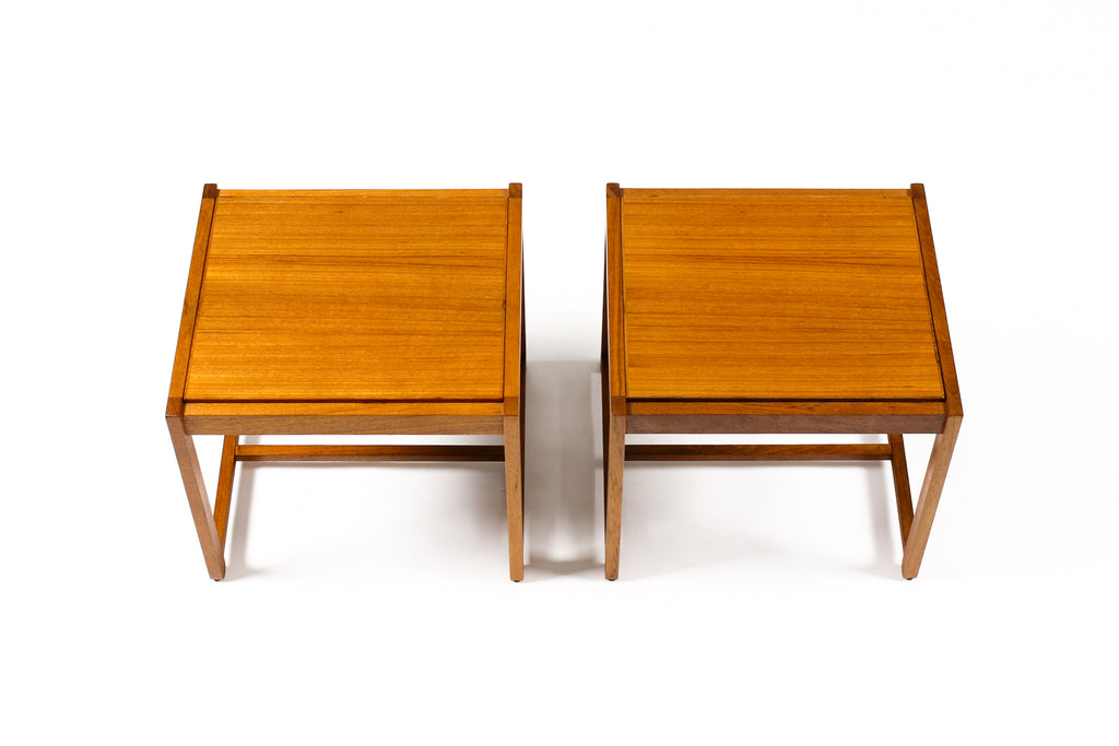 #2080 — Danish Modern Mid Century Teak Flip Top Ottoman / Side Tables — Erik Buch — Black Leather — Pair