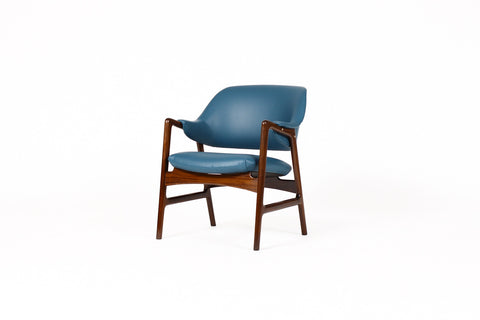 #1057 — Danish Modern / Mid Century Mahogany Framed Lounge Chair — Blue Vinyl — Ingmar Relling for Westnofa