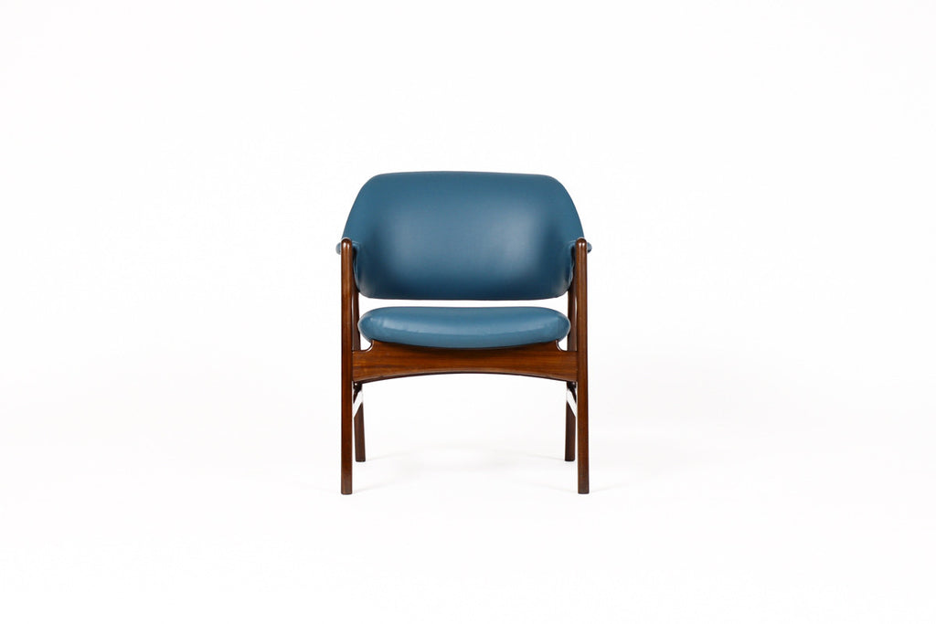 #1057 — Danish Modern / Mid Century Mahogany Framed Lounge Chair — Blue Vinyl — Ingmar Relling for Westnofa