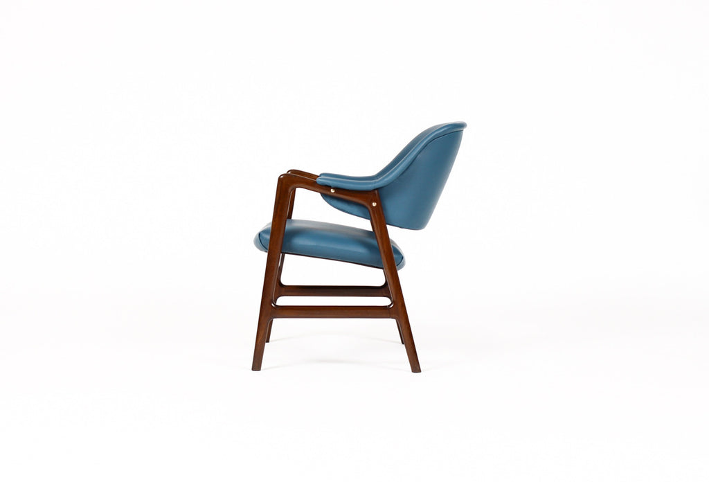 #1057 — Danish Modern / Mid Century Mahogany Framed Lounge Chair — Blue Vinyl — Ingmar Relling for Westnofa